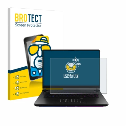 Parte frontal de un envase de producto con el logotipo de la marca BROTECT. Al lado se muestra el dispositivo ASUS ROG Strix S