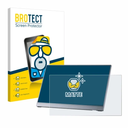 Parte frontal de un envase de producto con el logotipo de la marca BROTECT. Al lado se muestra el dispositivo Arzopa Z3FC 16.1