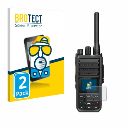 Parte frontal de un envase de producto con el logotipo de la marca BROTECT. Al lado se muestra el dispositivo Hytera HP565 con