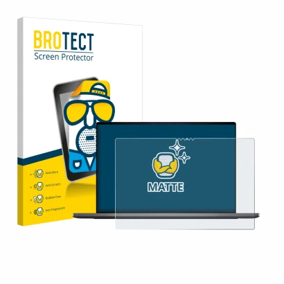 Parte frontal de un envase de producto con el logotipo de la marca BROTECT. Al lado se muestra el dispositivo Dell XPS 16 DA16