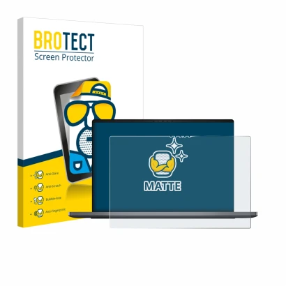 Parte frontal de un envase de producto con el logotipo de la marca BROTECT. Al lado se muestra el dispositivo Dell XPS 14 DA14