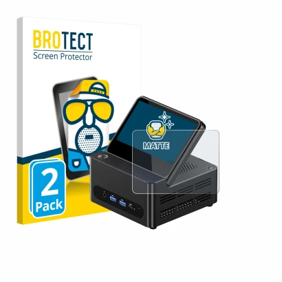 Parte frontal de un envase de producto con el logotipo de la marca BROTECT. Al lado se muestra el dispositivo AOOSTAR ‎G-FLIP 