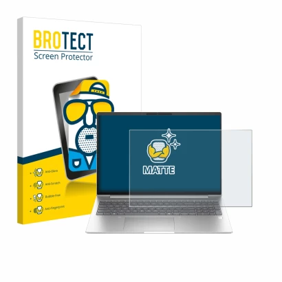 Parte frontal de un envase de producto con el logotipo de la marca BROTECT. Al lado se muestra el dispositivo HP EliteBook 6 G