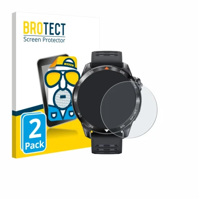 Parte frontal de un envase de producto con el logotipo de la marca BROTECT. Al lado se muestra el dispositivo Xiaomi Mibro GS 