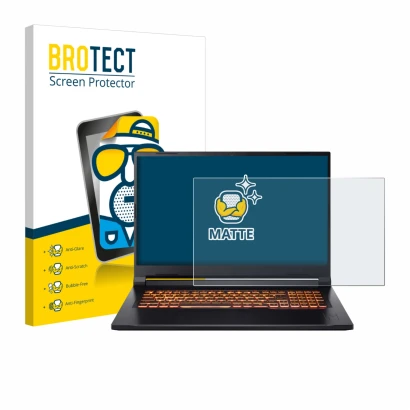 Parte frontal de un envase de producto con el logotipo de la marca BROTECT. Al lado se muestra el dispositivo Acer Nitro V 17 