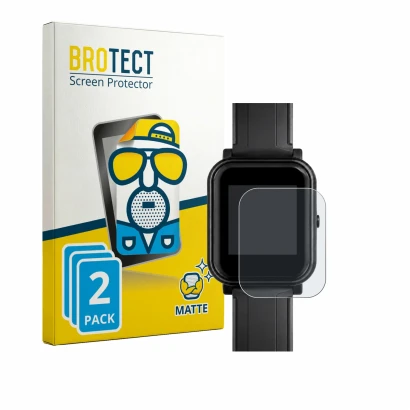 Parte frontal de un envase de producto con el logotipo de la marca BROTECT. Al lado se muestra el dispositivo Bangle.js 2 con