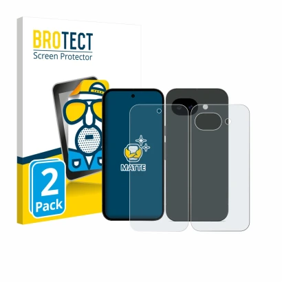 Parte frontal de un envase de producto con el logotipo de la marca BROTECT. Al lado se muestra el dispositivo Google Pixel 10a