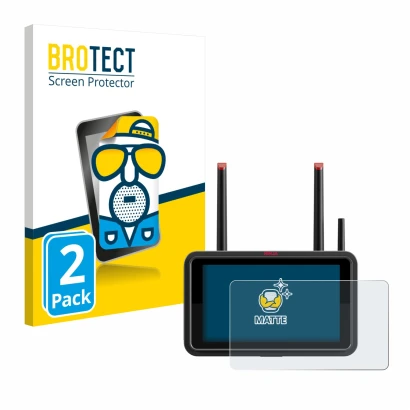 Parte frontal de un envase de producto con el logotipo de la marca BROTECT. Al lado se muestra el dispositivo Atomos Ninja TX