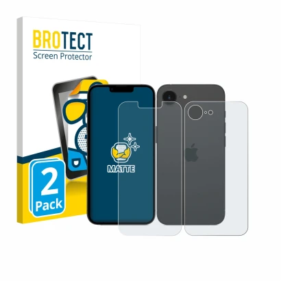 Parte frontal de un envase de producto con el logotipo de la marca BROTECT. Al lado se muestra el dispositivo Apple iPhone 17e