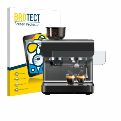 Parte frontal de un envase de producto con el logotipo de la marca BROTECT. Al lado se muestra el dispositivo WMF Espresso Pro
