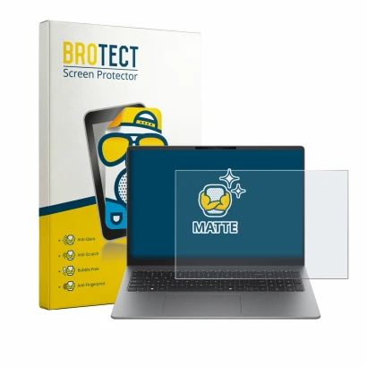 Parte frontal de un envase de producto con el logotipo de la marca BROTECT. Al lado se muestra el dispositivo HP 200 G2a 16" c