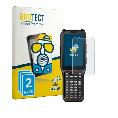 Parte frontal de un envase de producto con el logotipo de la marca BROTECT. Al lado se muestra el dispositivo Urovo RT40S con