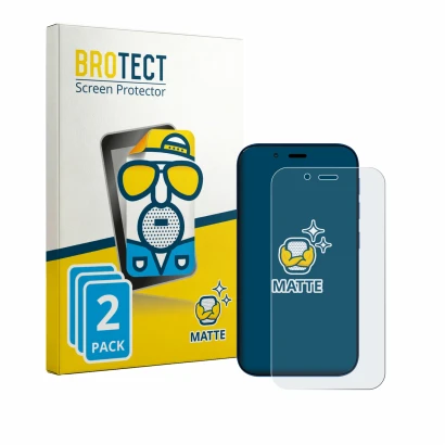 Parte frontal de un envase de producto con el logotipo de la marca BROTECT. Al lado se muestra el dispositivo Hisense U964 con