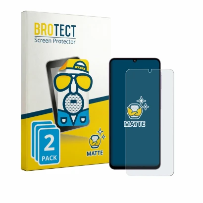 Parte frontal de un envase de producto con el logotipo de la marca BROTECT. Al lado se muestra el dispositivo Samsung Galaxy M