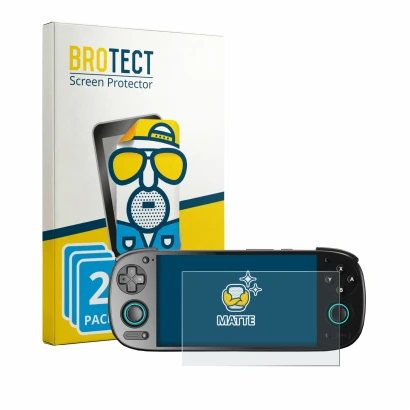 Parte frontal de un envase de producto con el logotipo de la marca BROTECT. Al lado se muestra el dispositivo Retroid Pocket 5