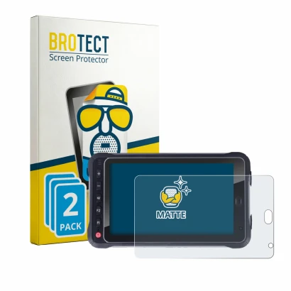 Parte frontal de un envase de producto con el logotipo de la marca BROTECT. Al lado se muestra el dispositivo Hugerock X72 con
