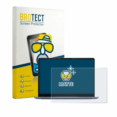 Parte frontal de un envase de producto con el logotipo de la marca BROTECT. Al lado se muestra el dispositivo Dell 14S DS14260