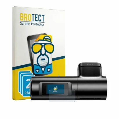 Parte frontal de un envase de producto con el logotipo de la marca BROTECT. Al lado se muestra el dispositivo Azdome M330 Max