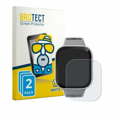 Parte frontal de un envase de producto con el logotipo de la marca BROTECT. Al lado se muestra el dispositivo Amazfit Bip Max