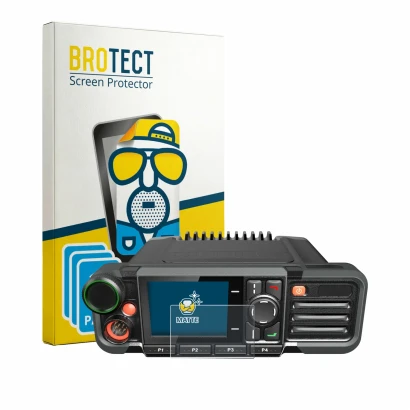 Parte frontal de un envase de producto con el logotipo de la marca BROTECT. Al lado se muestra el dispositivo Hytera HM785 con
