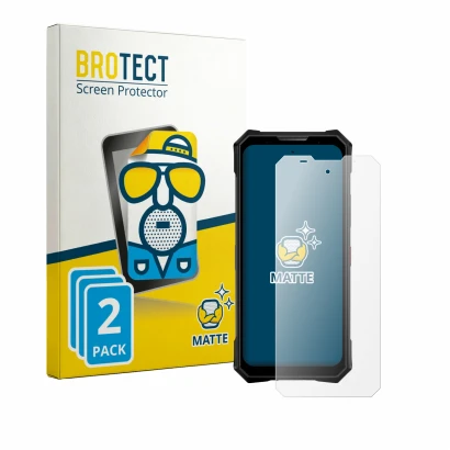 Parte frontal de un envase de producto con el logotipo de la marca BROTECT. Al lado se muestra el dispositivo Doogee V50 con s