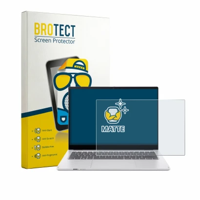 Parte frontal de un envase de producto con el logotipo de la marca BROTECT. Al lado se muestra el dispositivo Acer Swift Spin