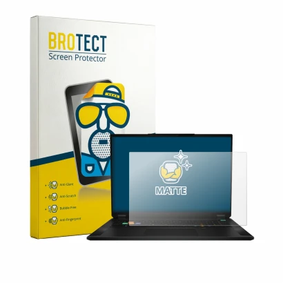 Parte frontal de un envase de producto con el logotipo de la marca BROTECT. Al lado se muestra el dispositivo MSI Stealth 18 H