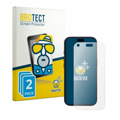 Parte frontal de un envase de producto con el logotipo de la marca BROTECT. Al lado se muestra el dispositivo Apple iPhone 18 