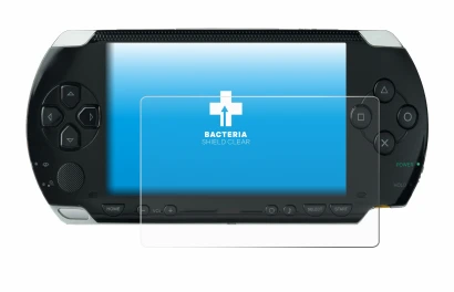 Imagen del dispositivo Sony PSP 1000 con una amplia variedad de protectores de pantalla.
