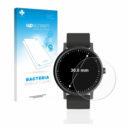 Parte frontal de un envase de producto con el logotipo de la marca upscreen. Al lado se muestra el dispositivo Relojes (Circul
