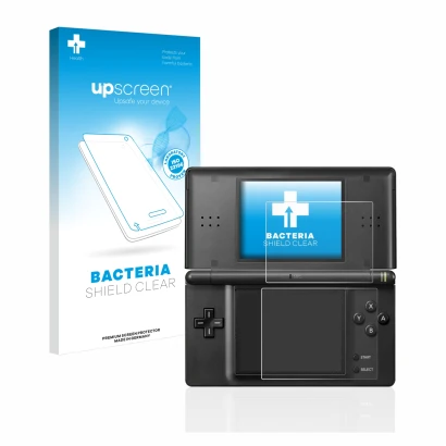 Parte frontal de un envase de producto con el logotipo de la marca upscreen. Al lado se muestra el dispositivo Nintendo DS LIT