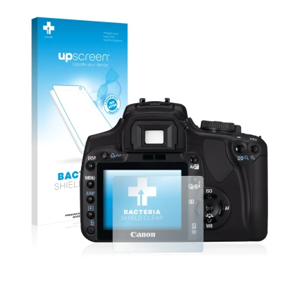 Parte frontal de un envase de producto con el logotipo de la marca upscreen. Al lado se muestra el dispositivo Canon EOS 400D