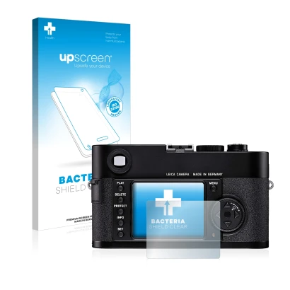 Parte frontal de un envase de producto con el logotipo de la marca upscreen. Al lado se muestra el dispositivo Leica M8 con su