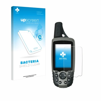 Parte frontal de un envase de producto con el logotipo de la marca upscreen. Al lado se muestra el dispositivo Garmin GPSMAP 6