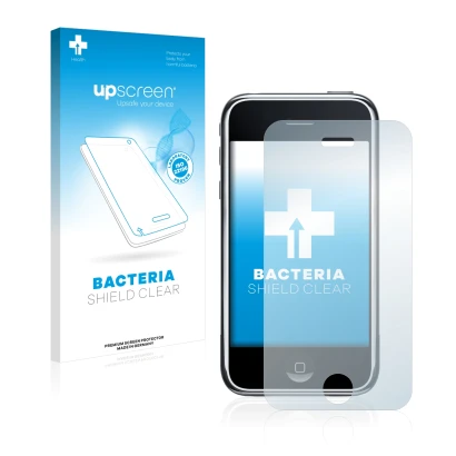 Parte frontal de un envase de producto con el logotipo de la marca upscreen. Al lado se muestra el dispositivo Apple iPhone 3G