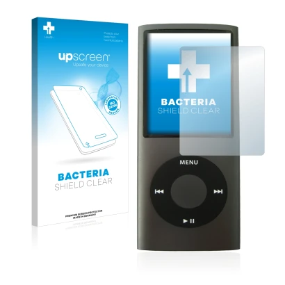 Parte frontal de un envase de producto con el logotipo de la marca upscreen. Al lado se muestra el dispositivo Apple iPod nano