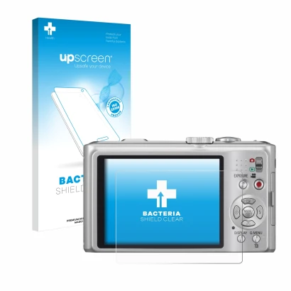 Parte frontal de un envase de producto con el logotipo de la marca upscreen. Al lado se muestra el dispositivo Panasonic Lumix