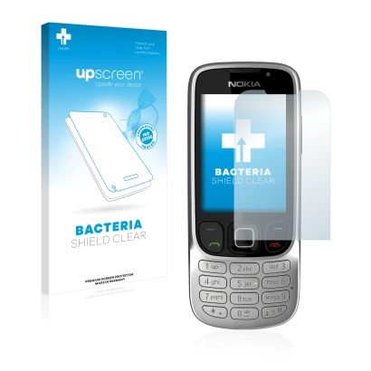 Parte frontal de un envase de producto con el logotipo de la marca upscreen. Al lado se muestra el dispositivo Nokia 6303i cla