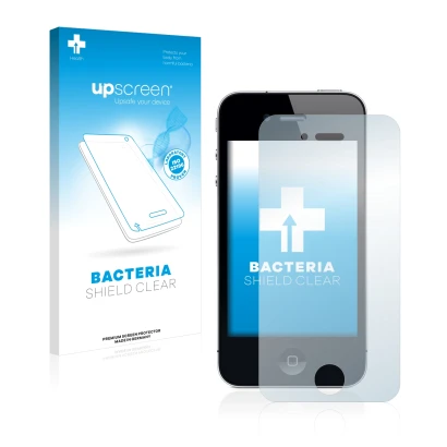 Parte frontal de un envase de producto con el logotipo de la marca upscreen. Al lado se muestra el dispositivo Apple iPhone 4