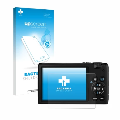 Parte frontal de un envase de producto con el logotipo de la marca upscreen. Al lado se muestra el dispositivo Canon PowerShot