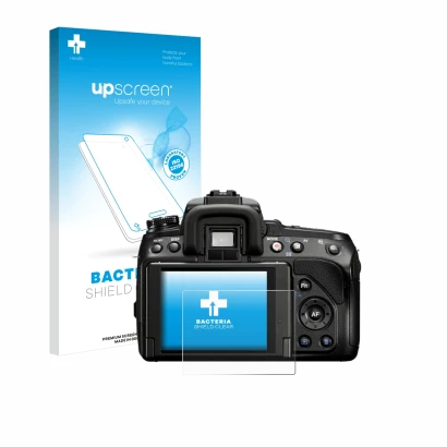 Parte frontal de un envase de producto con el logotipo de la marca upscreen. Al lado se muestra el dispositivo Sony Alpha 580 