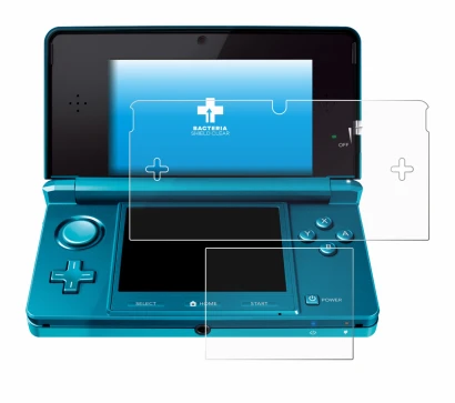 Imagen del dispositivo Nintendo 3DS con una amplia variedad de protectores de pantalla.