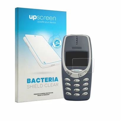 Parte frontal de un envase de producto con el logotipo de la marca upscreen. Al lado se muestra el dispositivo Nokia 3310 2011