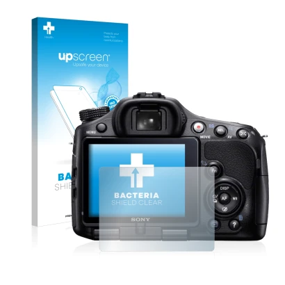 Parte frontal de un envase de producto con el logotipo de la marca upscreen. Al lado se muestra el dispositivo Sony Alpha 65V