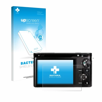 Parte frontal de un envase de producto con el logotipo de la marca upscreen. Al lado se muestra el dispositivo Nikon 1 J1 con