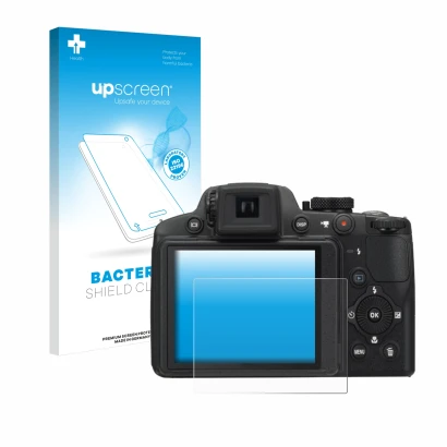 Parte frontal de un envase de producto con el logotipo de la marca upscreen. Al lado se muestra el dispositivo Nikon Coolpix P