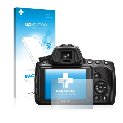 Parte frontal de un envase de producto con el logotipo de la marca upscreen. Al lado se muestra el dispositivo Sony Alpha 37 (
