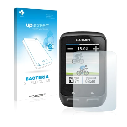 Parte frontal de un envase de producto con el logotipo de la marca upscreen. Al lado se muestra el dispositivo Garmin Edge 510