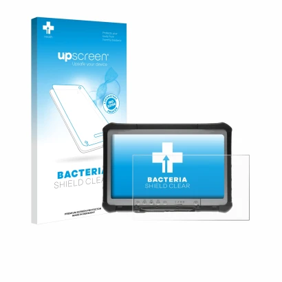 Parte frontal de un envase de producto con el logotipo de la marca upscreen. Al lado se muestra el dispositivo Panasonic Tough