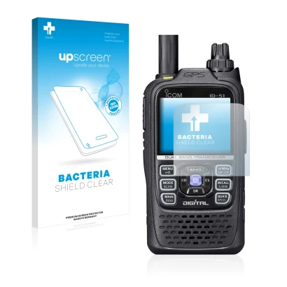 Parte frontal de un envase de producto con el logotipo de la marca upscreen. Al lado se muestra el dispositivo Icom ID-51 con 